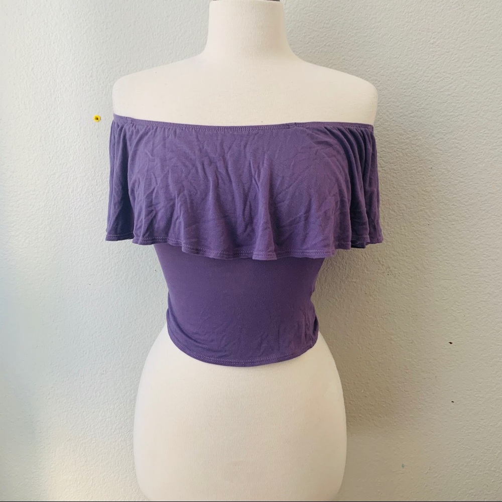 THE CLAS-SIC crop purple off shoulder ruffle top